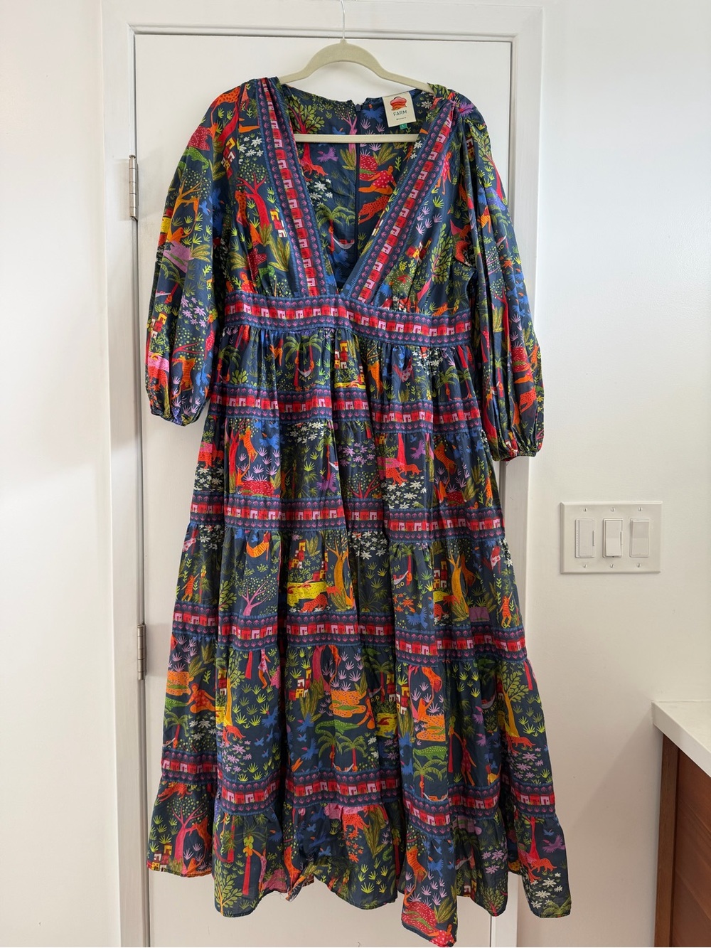 Farm Rio Utopia Puff Sleeve Tropical Midi Tier Dress